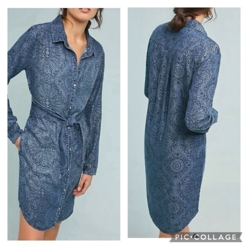 Button-Front Blue Paisley Shirt Dress with Waist Tie